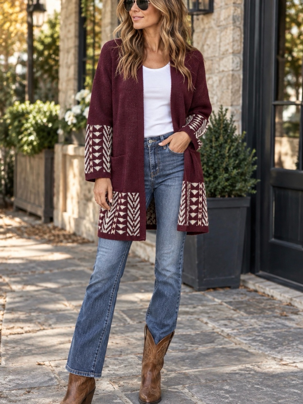 Frye Burgundy Open-Front Cardigan with Cream Geometric Trim Size XL